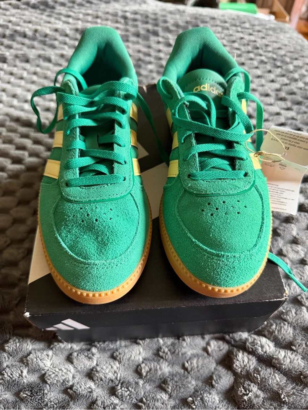 adidas Kids Green Suede Sneakers with Yellow Stripes and Gum Outsole